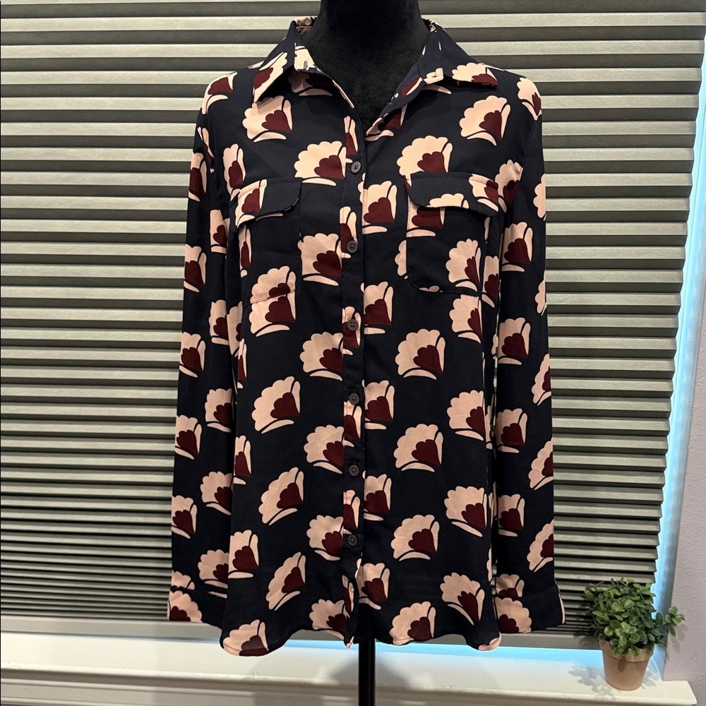 LOFT Black and Cream Floral Button-Up Blouse